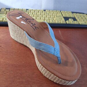 NEW !  Zodiac Womens Rio Wedge Heel Flip Flop Blue/Brown Size 9.5